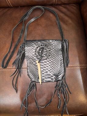 Black Textured Fringe Crossbody Bag with Toggle Closure